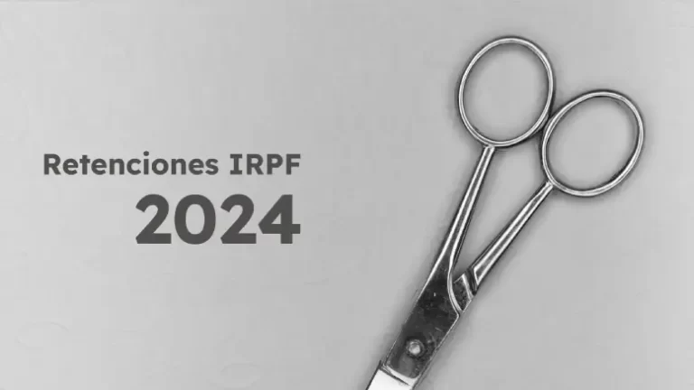 Infografía con texto “Retenciones IRPF 2024” junto a unas tijeras metálicas sobre fondo gris, destacando información fiscal del año.